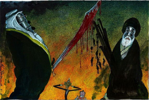 Саудовцы и иранцы (карикатура Мартина Роусона 03.01.16 в «Гардиан»).
